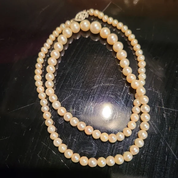 10kt White Gold Graduated Pearl Necklace 17" Vintage - Picture 2 of 14